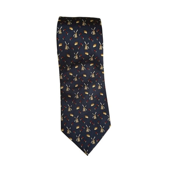 Kist Design Holland Mens Blue Silk Tie Windmill Tulip Wooden Clogs Motif Necktie - Picture 1 of 5
